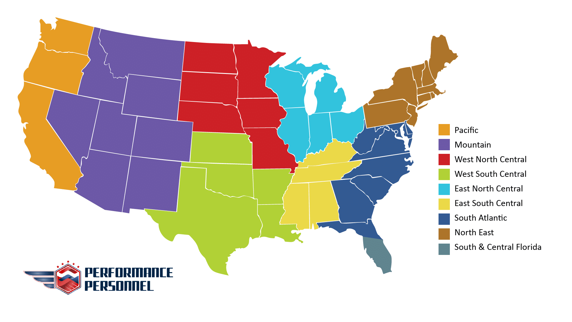 US Regions Covered by Performance Staffing